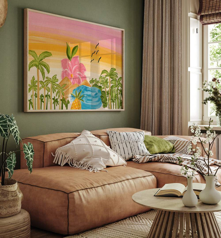 Bright and colorful ISLAND, LANDSCAPE PAINTINGS enhance a cozy living room, bringing nature's beauty indoors.