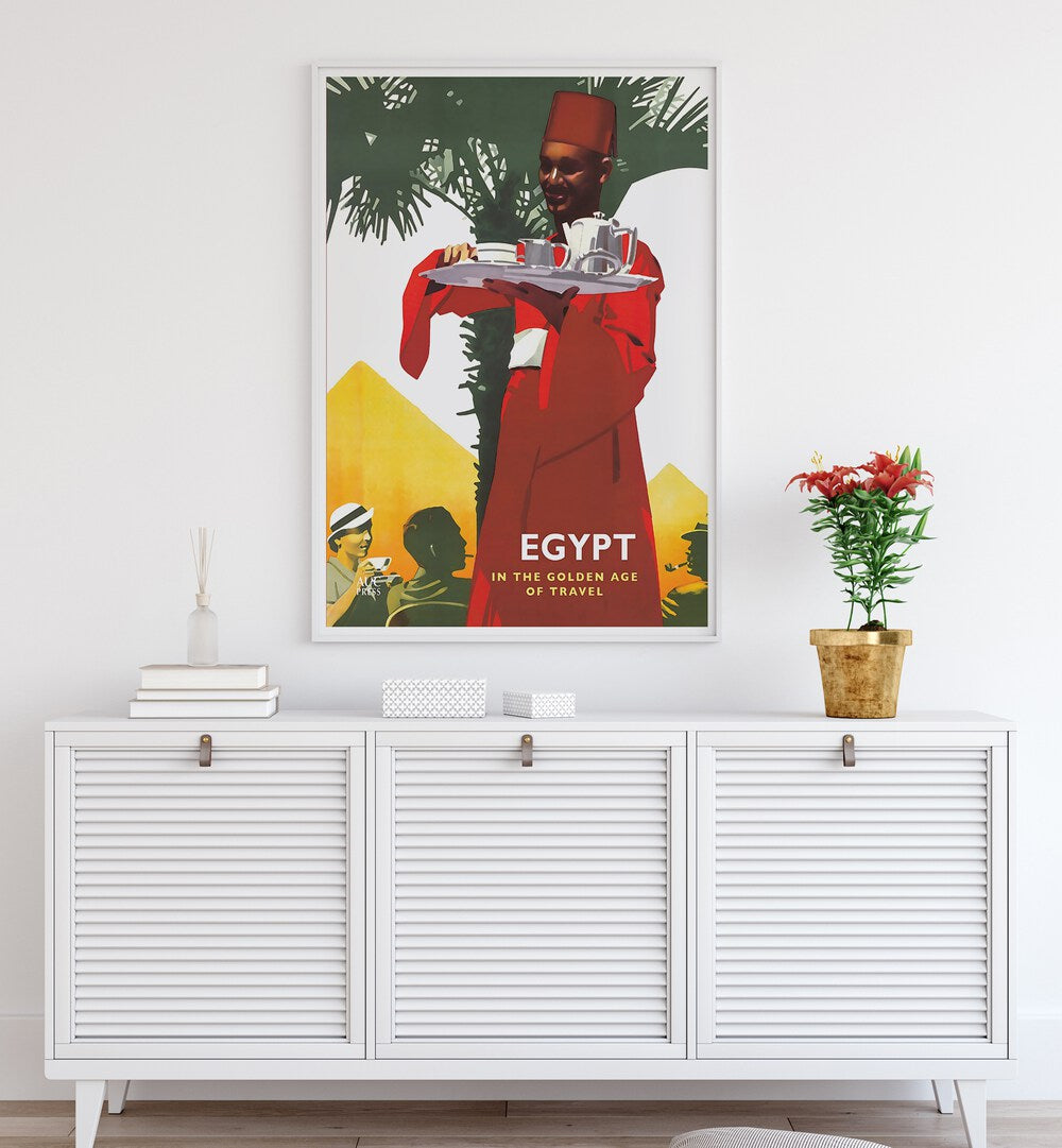 Colorful EGYPT, VINTAGE TRAVEL POSTERS depicting a vibrant scene with pyramids, perfect for decor enthusiasts.