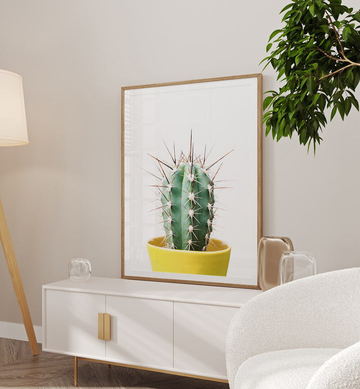 Vibrant SPIKEY CACTUS in a yellow pot, perfect for floral flower paintings, enhancing any indoor or outdoor space.