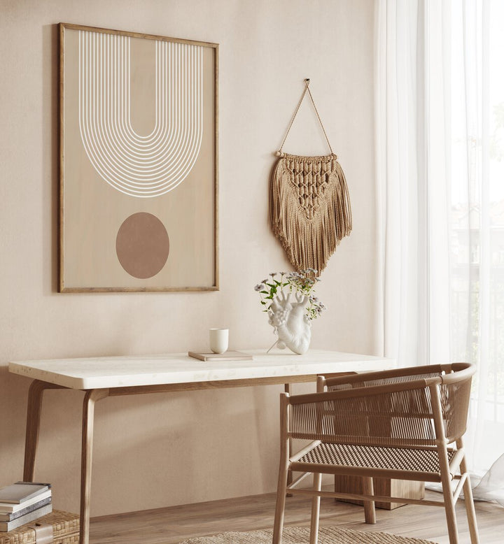 Stylish BEIGE ARC II, BOHO ART PAINTINGS adorn a modern workspace, enhancing elegance and functionality.