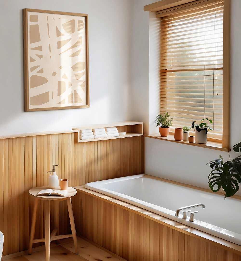 Stylish bathroom featuring EXPRESSIVE LINES III, ABSTRACT PAINTINGS, enhancing modern decor with artistic flair.