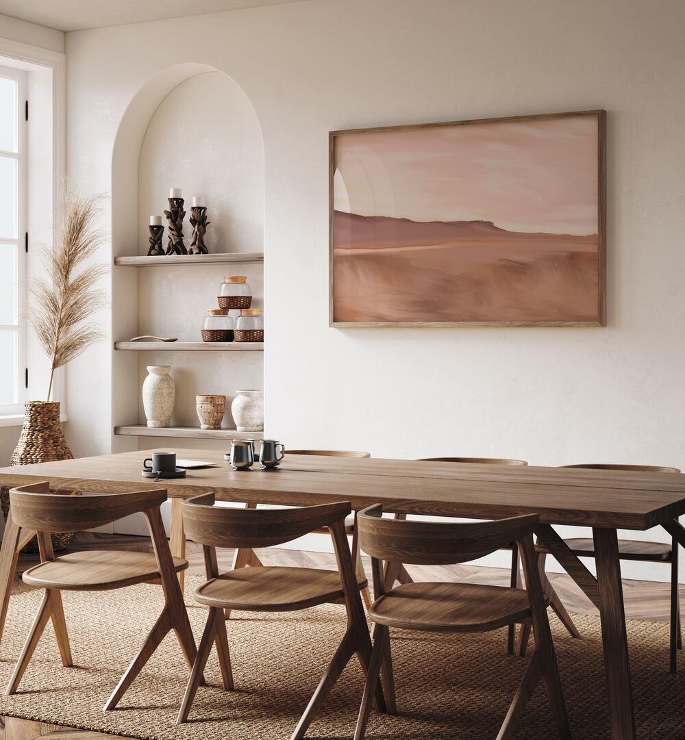 Elegant dining space featuring GOLDEN, LANDSCAPE PAINTINGS to elevate home decor with tranquility and style.