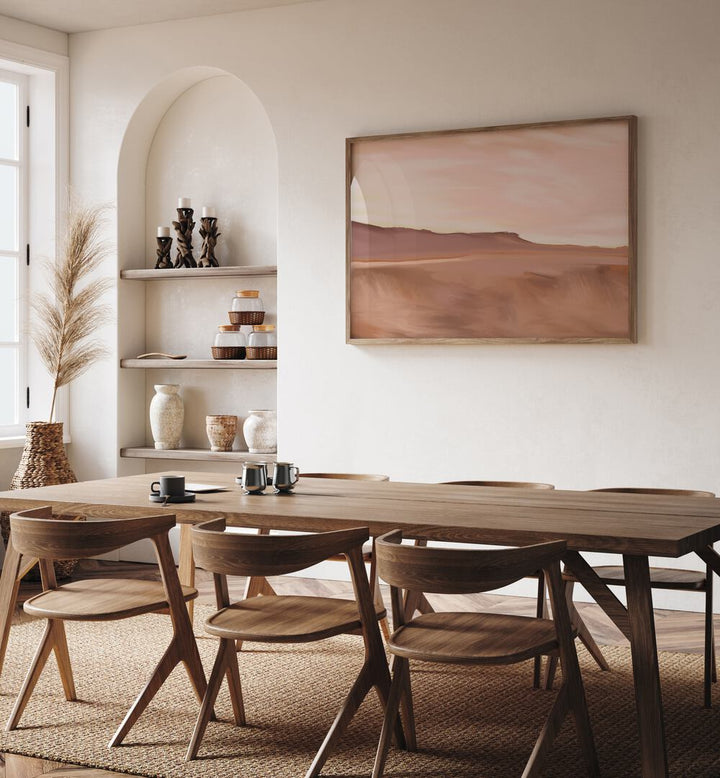Elegant dining space featuring GOLDEN, LANDSCAPE PAINTINGS to elevate home decor with tranquility and style.