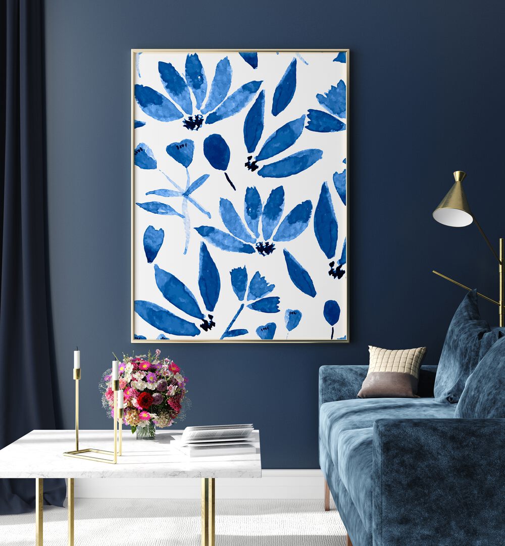 Vibrant blue flowers in a stylish frame, perfect for enhancing any space with BLUE FLOWERS, FLORAL FLOWER PAINTINGS.