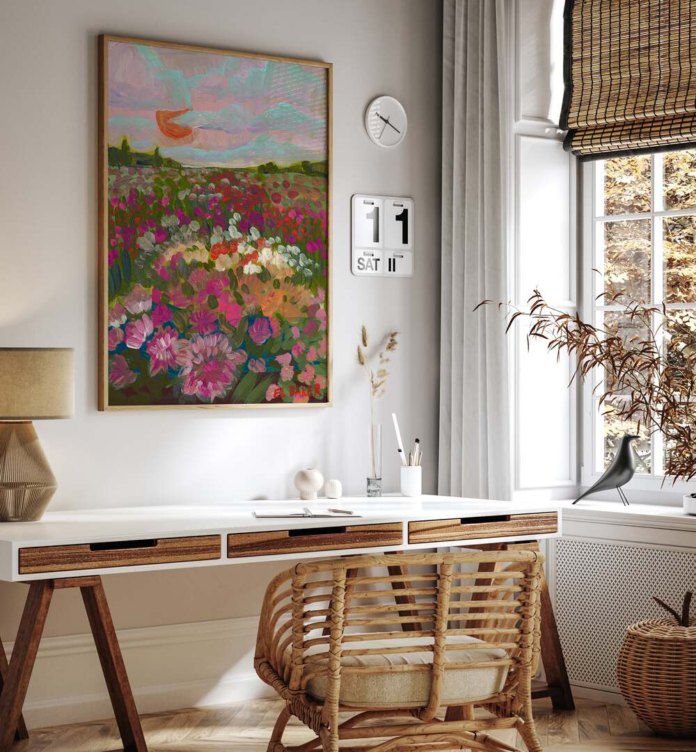 Vibrant CALIFORNIA FLOWER FARM , LANDSCAPE PAINTINGS by Eleanor Baker brighten any workspace with natural beauty.