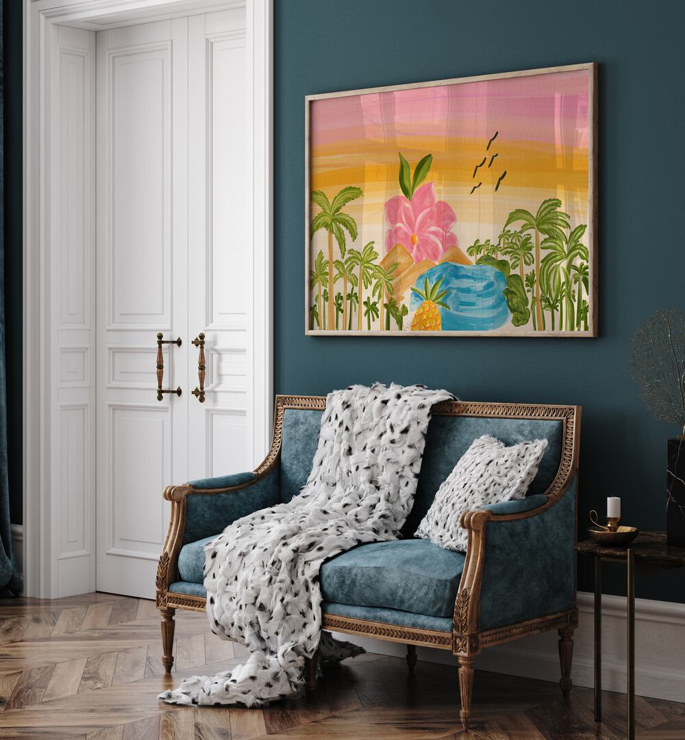 Vibrant ISLAND , LANDSCAPE PAINTINGS brightening a cozy living space, perfect for nature lovers' home decor.