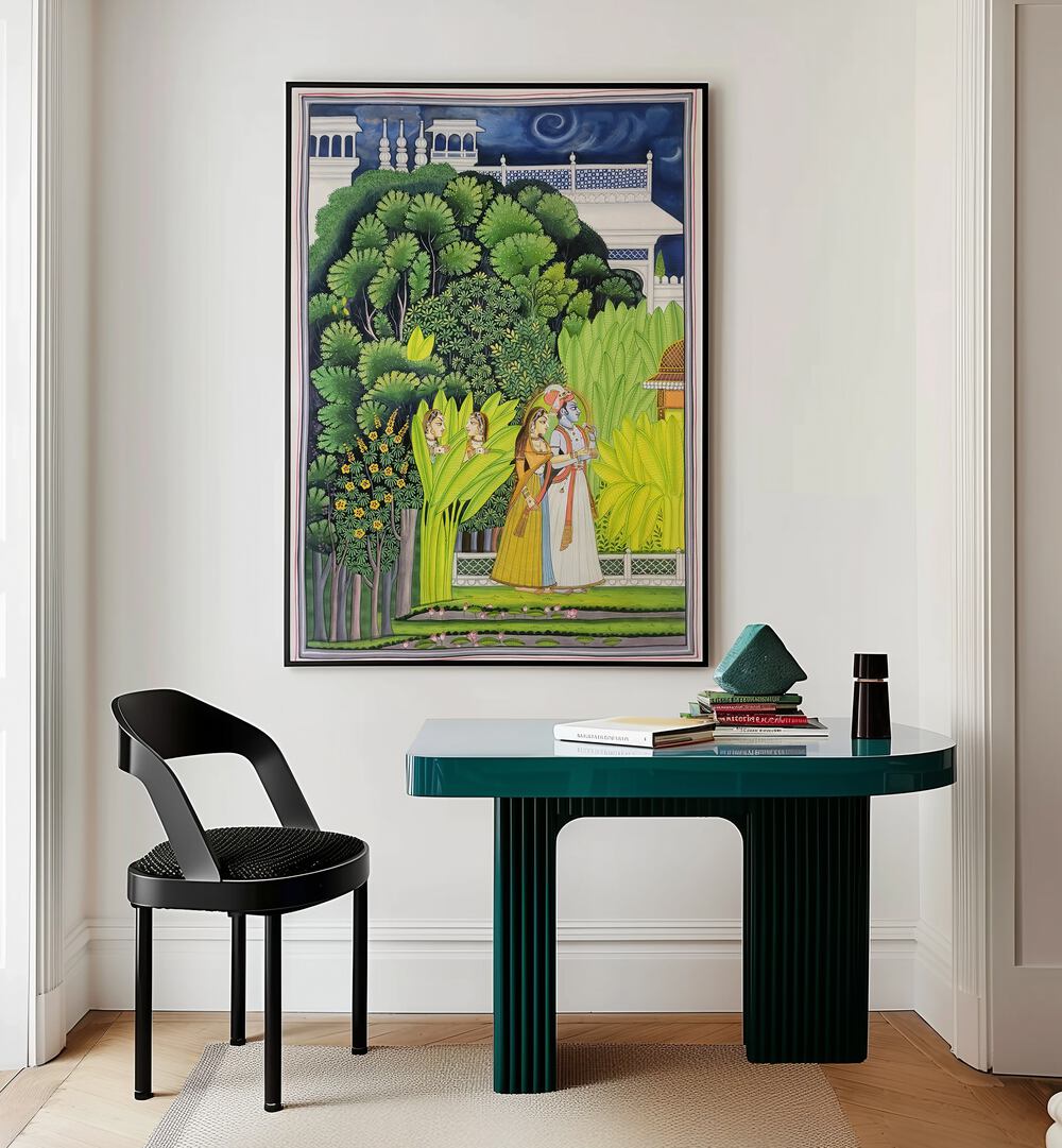 Exquisite RADHA KRISHNA, INDIAN ART PAINTINGS enhancing a modern living space with divine love and vibrant colors.