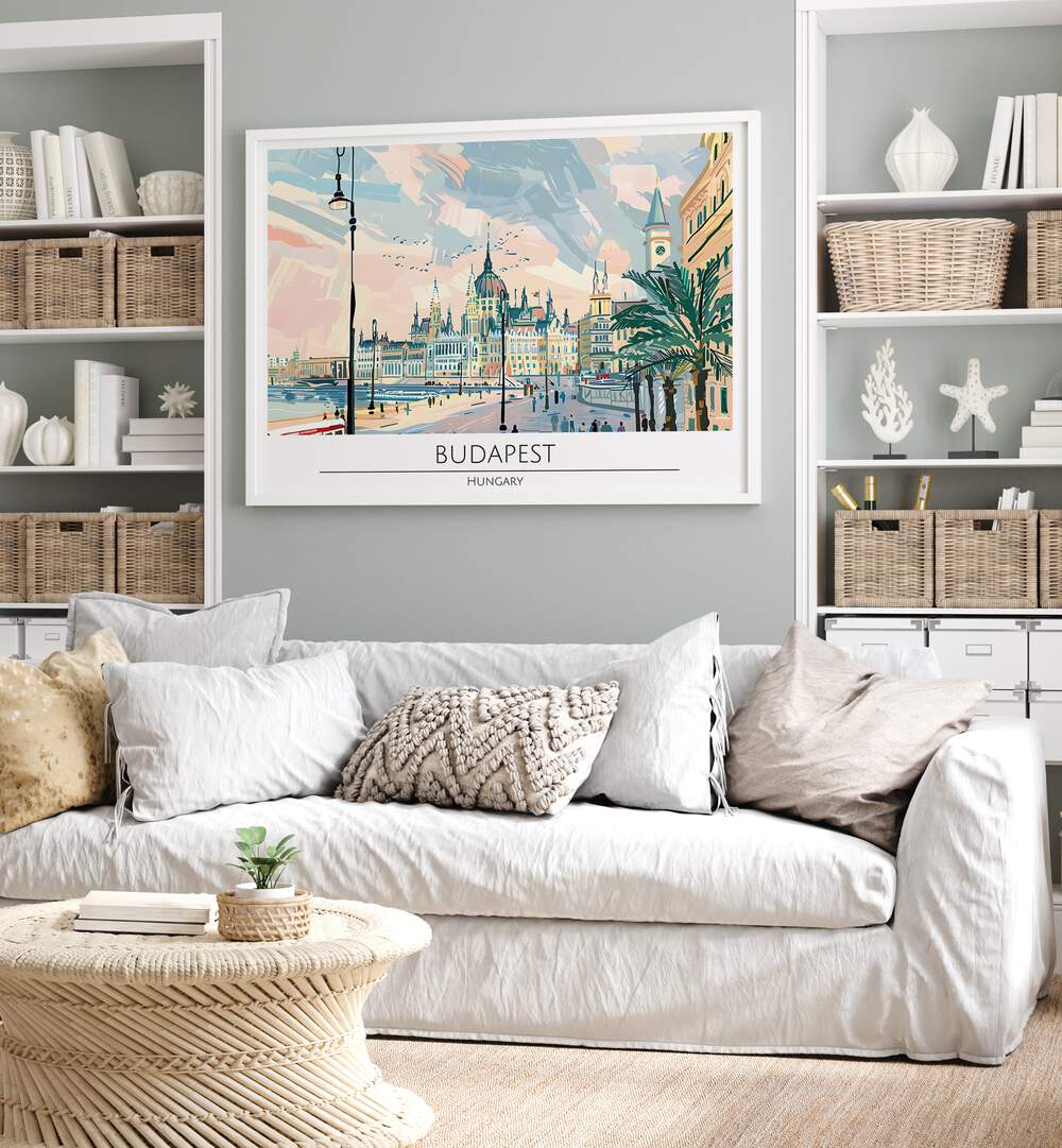 Stylish living room featuring BUDAPEST CAPITAL CITY - HUNGARY, TRAVEL POSTERS, adding charm and elegance to any space.