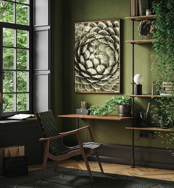 GEOMETRIC SUCCULENT , FLORAL FLOWER PAINTINGS framed succulent wall art in green study with plants and wood desk