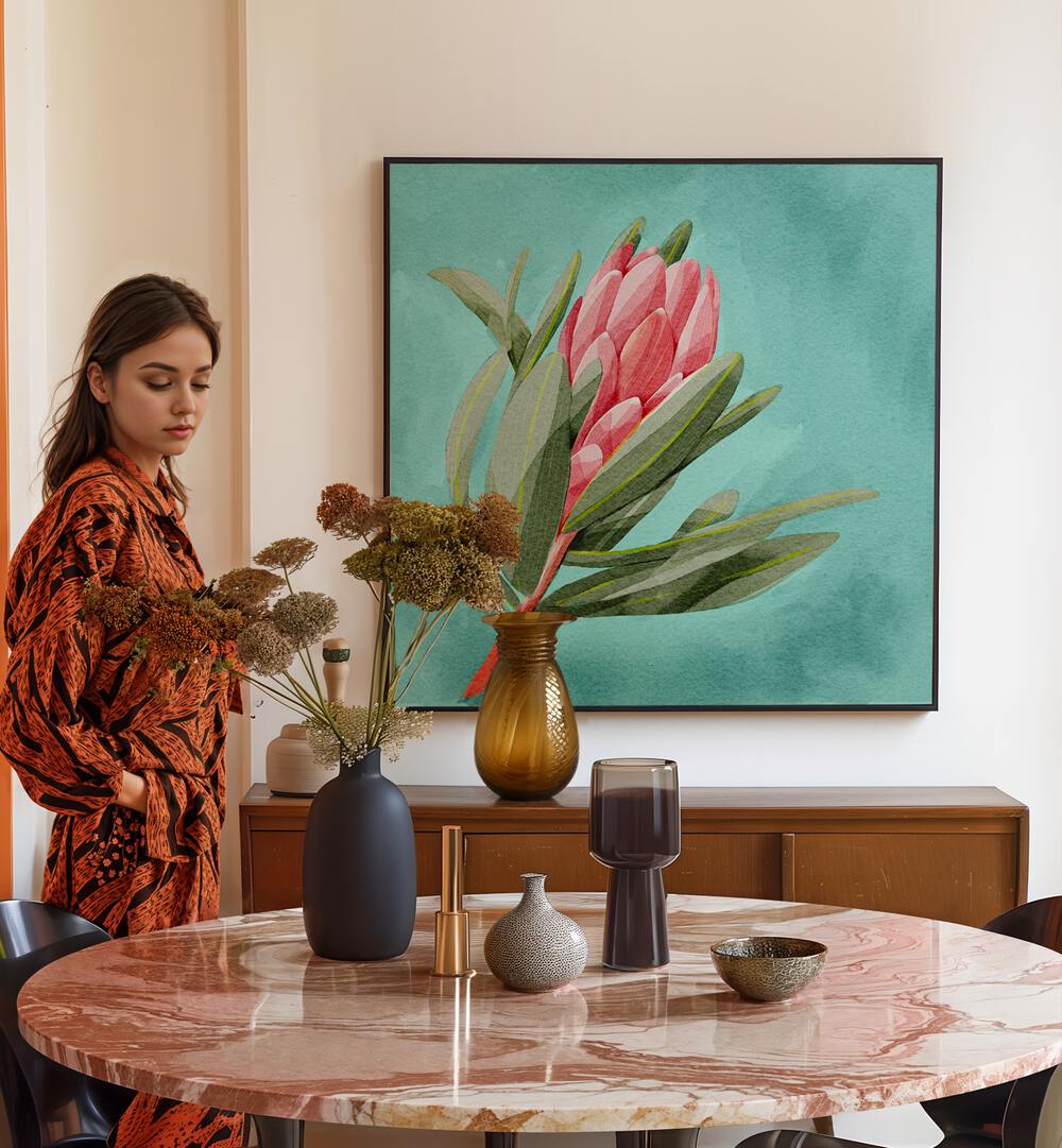 Elegant room featuring PROTEA, FLORAL FLOWER PAINTINGS, blending sophistication with modern decor elements.