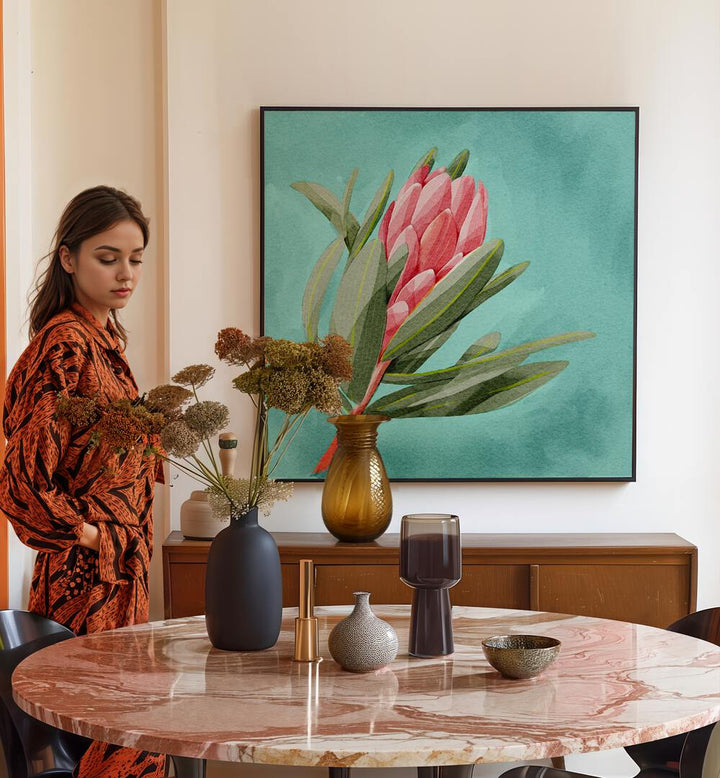 Elegant room featuring PROTEA, FLORAL FLOWER PAINTINGS, blending sophistication with modern decor elements.