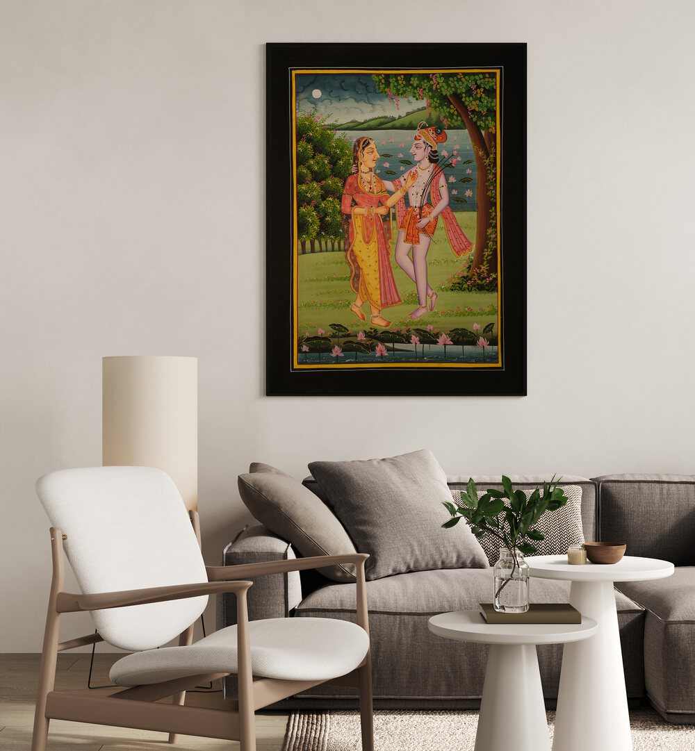 Experience the divine connection in RADHA KRISHNA II, INDIAN ART PAINTINGS, showcasing Radha and Krishna's love.