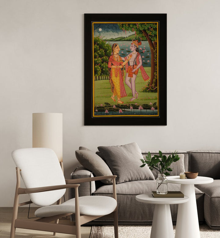 Experience the divine connection in RADHA KRISHNA II, INDIAN ART PAINTINGS, showcasing Radha and Krishna's love.