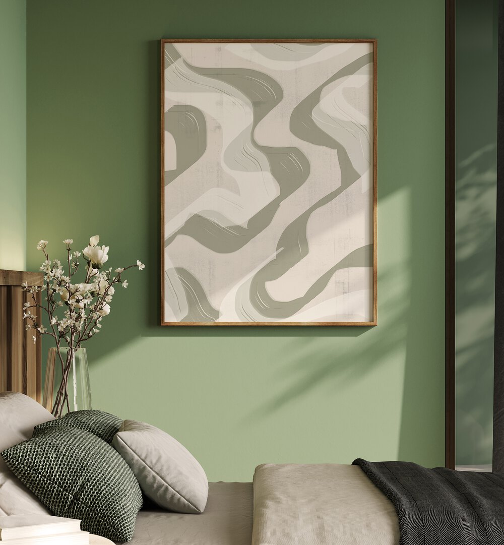 Captivating GREEN WAVES NO.3, BOHO ART PAINTINGS, enhancing modern interiors with serene abstract green hues.