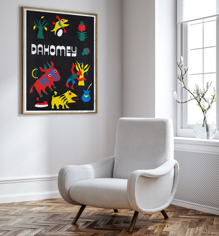 Colorful DAHOMEY Vintage Travel Posters displayed in a stylish living room, adding a touch of adventure to decor.