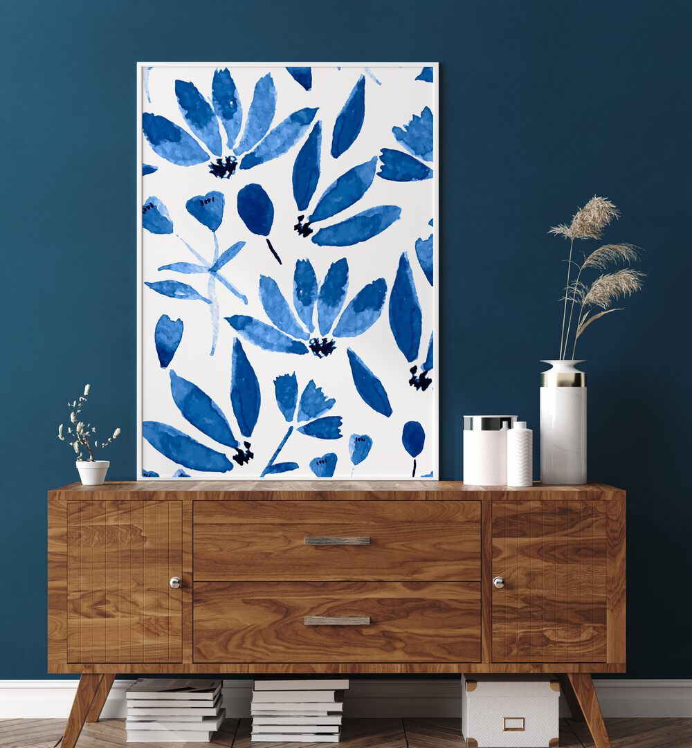 Stunning BLUE FLOWERS, FLORAL FLOWER PAINTINGS on a wall, enhancing the beauty of any home or office space.