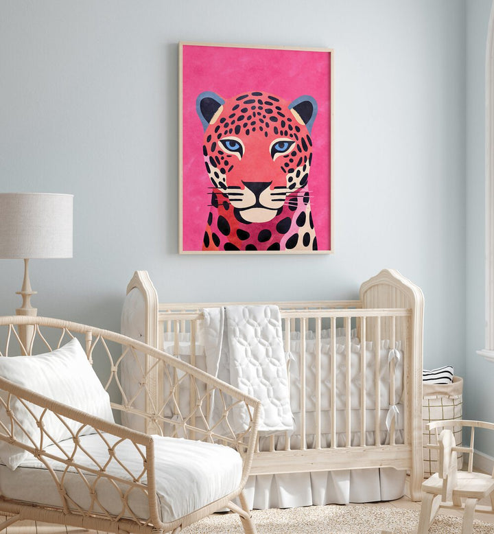 Vibrant PINK CHEETAH, ANIMAL PAINTINGS by Andrea Haase, showcasing a stunning pink cheetah portrait in a chic nursery.