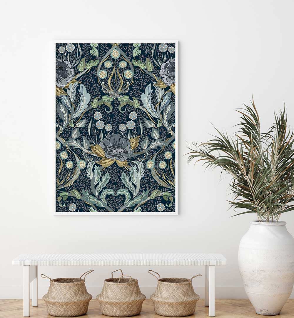 Elegant FLORAL BLUE PATTERN, PATTERN ART PRINTS add charm to your space, showcasing intricate botanical designs.