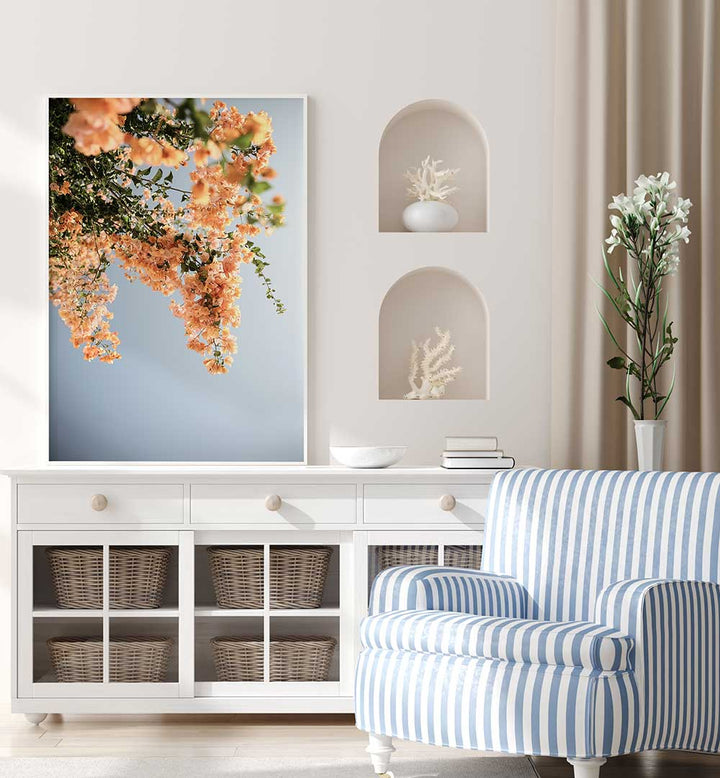 GOLDEN BLOSSOM DANCE , FLORAL FLOWER PAINTINGS orange blossom branches against blue sky in framed living room