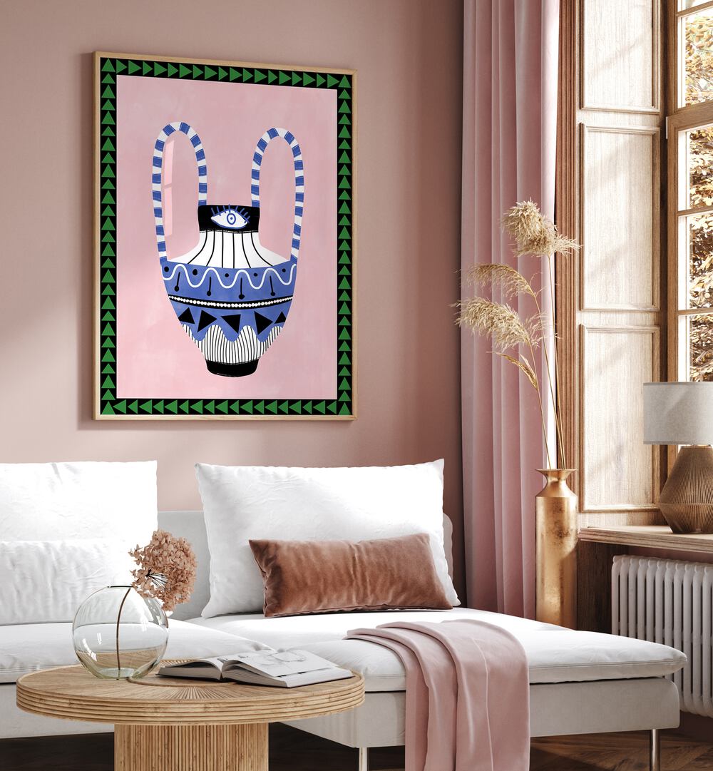 Colorful EVIL EYE VASE and FLORAL FLOWER PAINTINGS enhance modern decor, perfect for your home or office space.