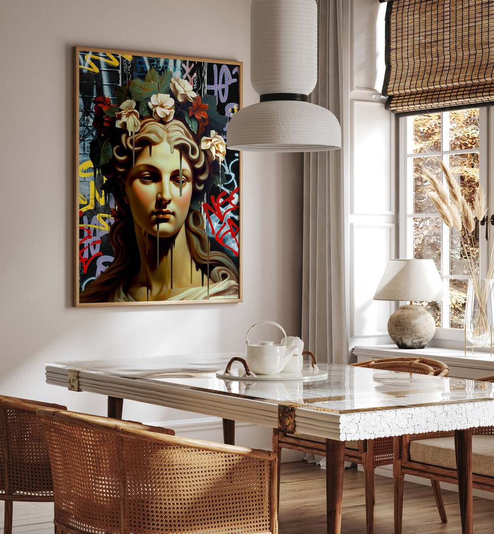 VANDAL PIETAN, ALTERED ART PRINTS showcase a striking blend of classical and contemporary styles in a stylish interior.