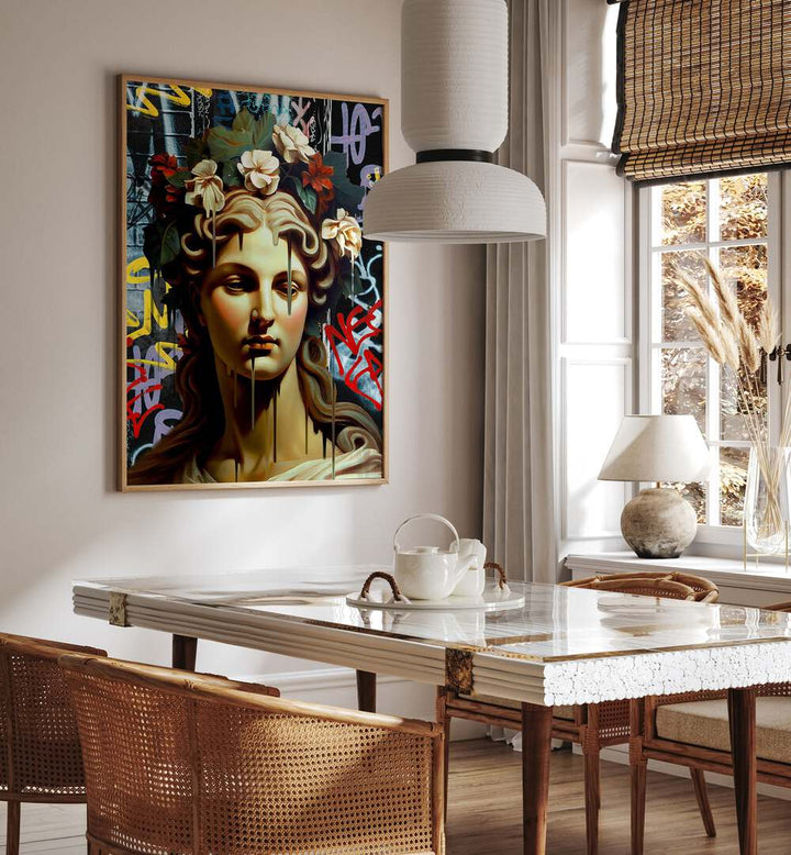 VANDAL PIETAN, ALTERED ART PRINTS showcase a striking blend of classical and contemporary styles in a stylish interior.