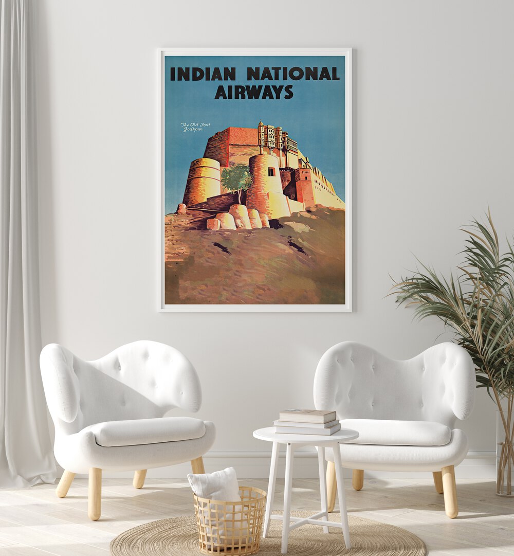 Indian National Airways vintage travel poster showcasing iconic architecture, perfect for aviation art lovers.