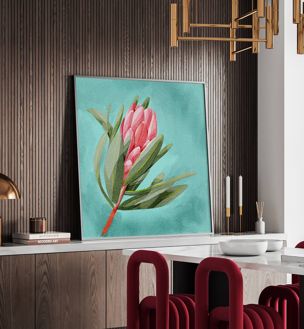 Bright PROTEA, FLORAL FLOWER PAINTINGS displayed in a modern setting, adding elegance to any decor. Perfect for sophisticated homes.