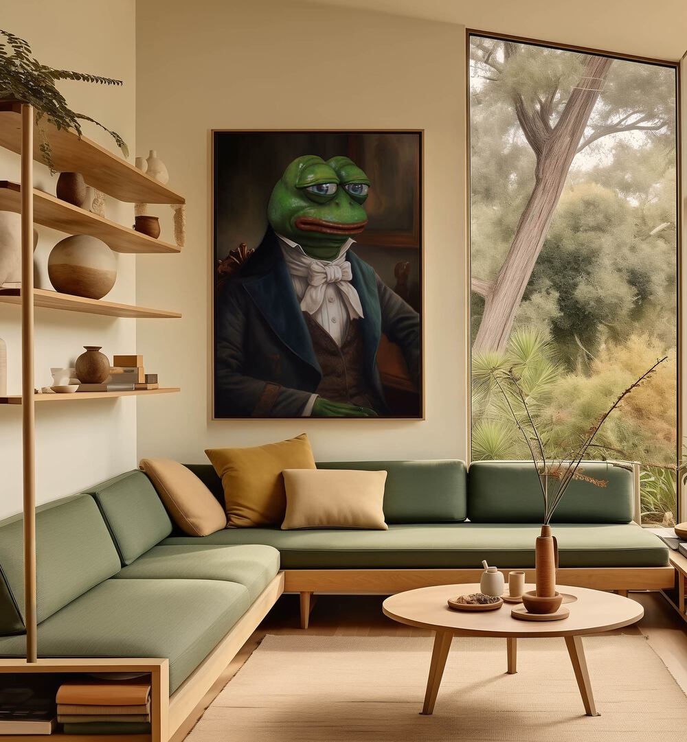 SIR PEPE, ALTERED ART PRINTS by DIKHOTOMY adds humor and creativity to your space with a distinctive frog portrait.