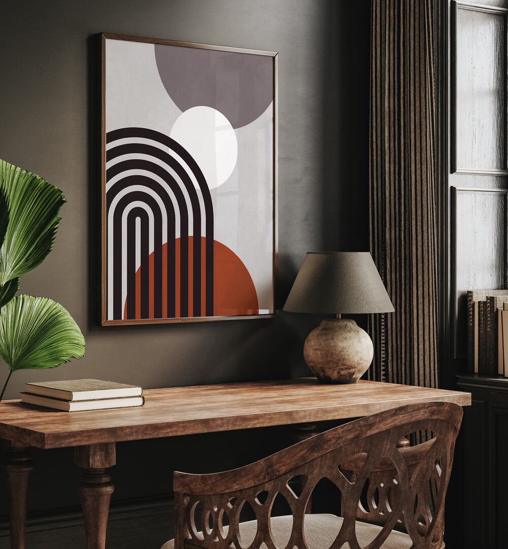 Modern interior featuring LINES AND CIRCLES XIII, BOHO ART PAINTINGS, showcasing geometric shapes and artistic flair.