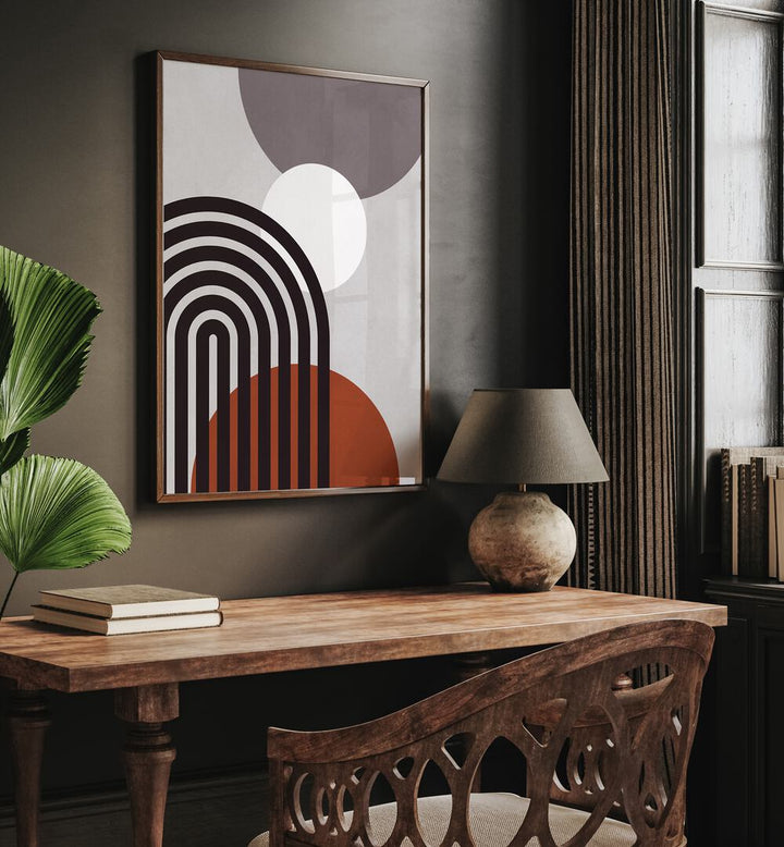 Modern interior featuring LINES AND CIRCLES XIII, BOHO ART PAINTINGS, showcasing geometric shapes and artistic flair.