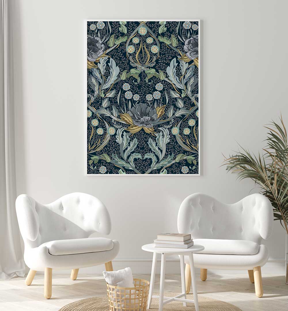 Transform your space with the elegant Floral Blue Pattern, Pattern Art Prints, showcasing intricate botanical designs.