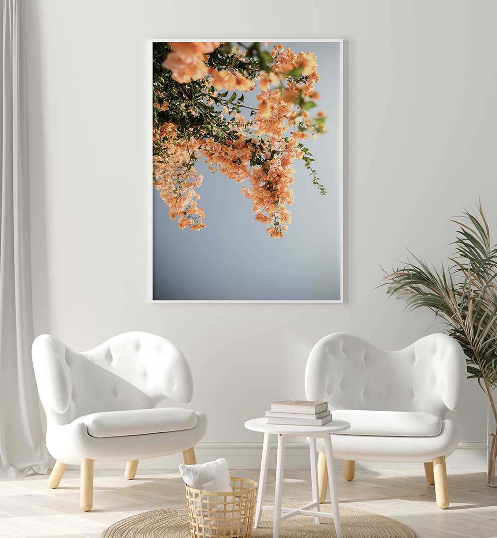 GOLDEN BLOSSOM DANCE , FLORAL FLOWER PAINTINGS framed art of peach blossoms against blue sky in modern living room