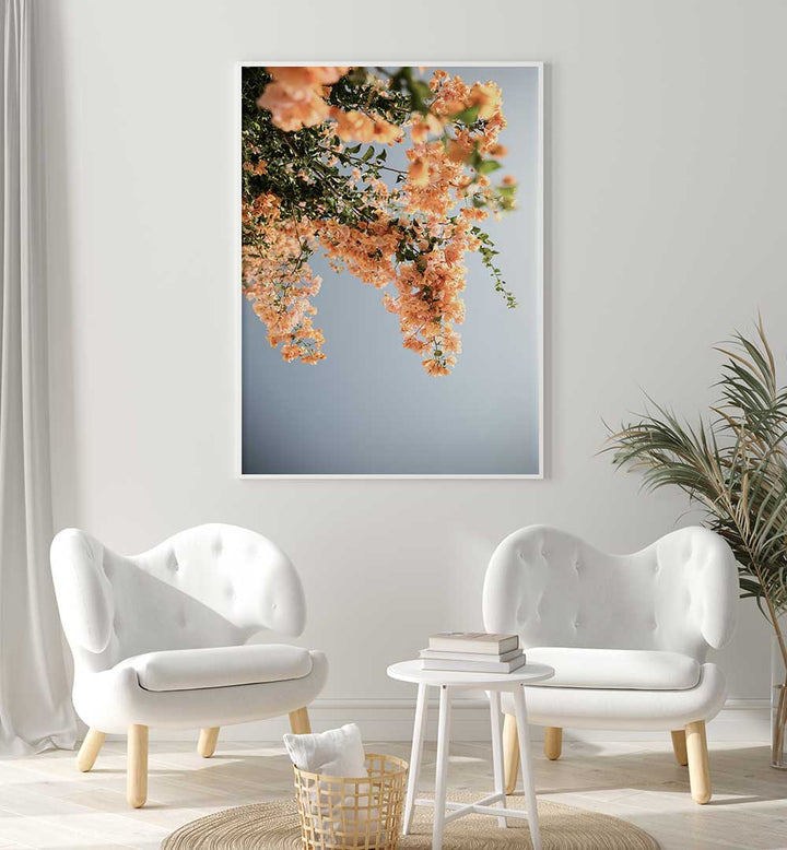 GOLDEN BLOSSOM DANCE , FLORAL FLOWER PAINTINGS framed art of peach blossoms against blue sky in modern living room