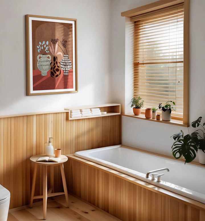 Stylish bathroom featuring FLOWER VASE V, BOHO ART PAINTINGS by Emel Tunaboylu, enhancing the serene ambiance.
