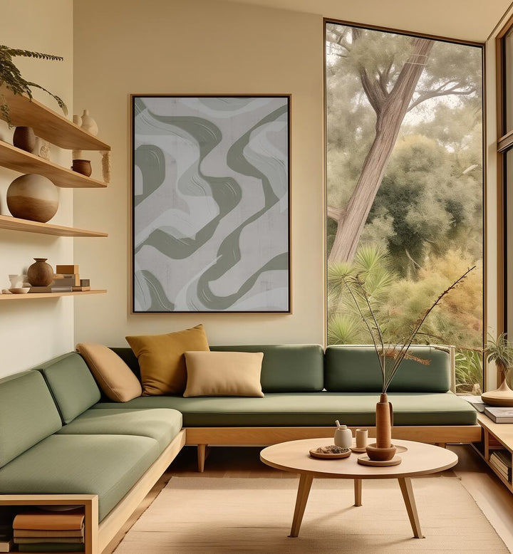 Stylish living room featuring GREEN WAVES NO.3, BOHO ART PAINTINGS, adding serenity and movement to the decor.
