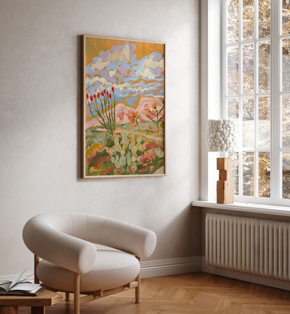 Brightly colored DESSERT FLOWERS I, FLORAL FLOWER PAINTINGS by Eleanor Baker adds contemporary charm to any space.