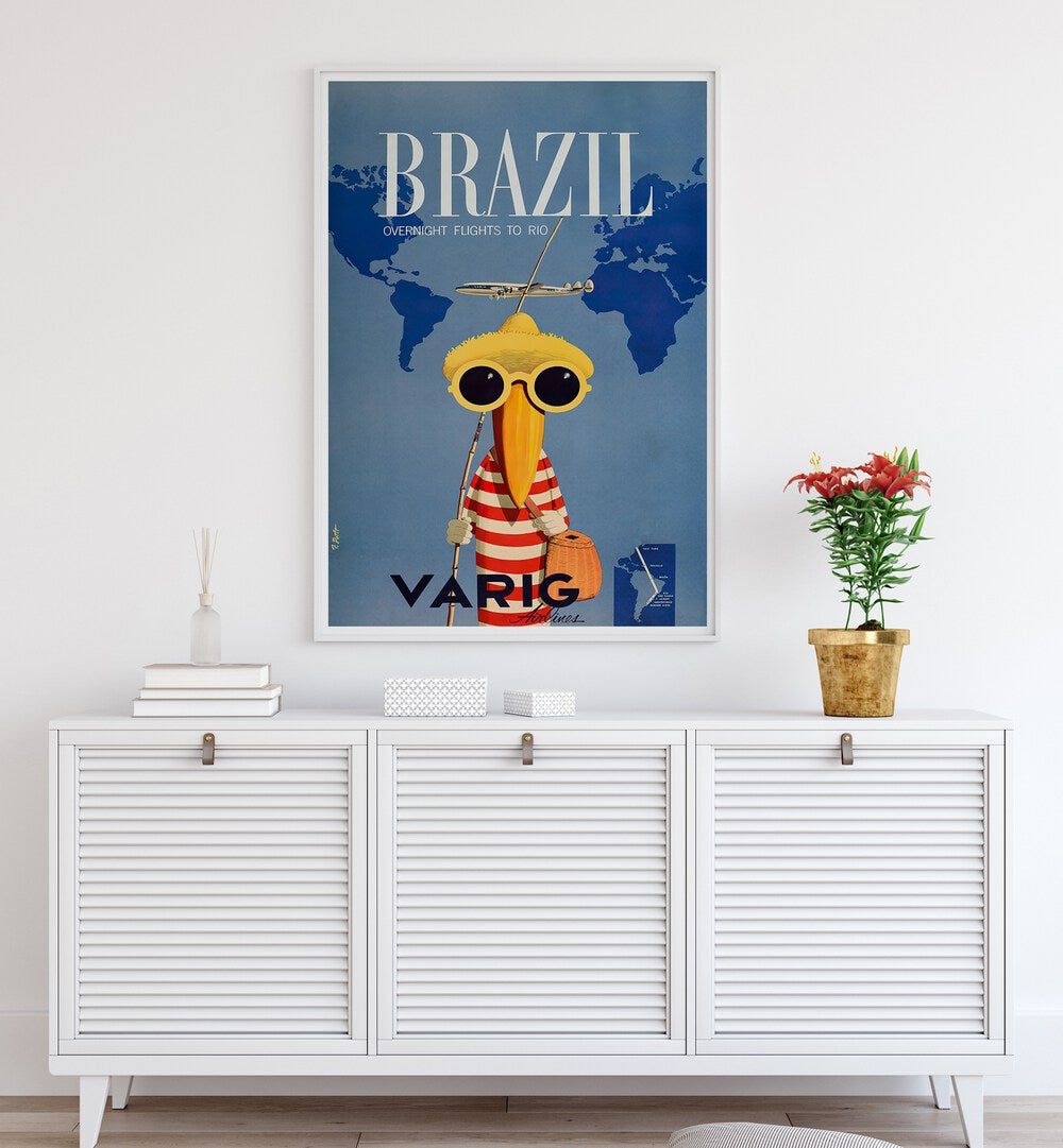 Colorful BRAZIL I, VINTAGE TRAVEL POSTERS featuring a whimsical character, perfect for brightening your home decor.