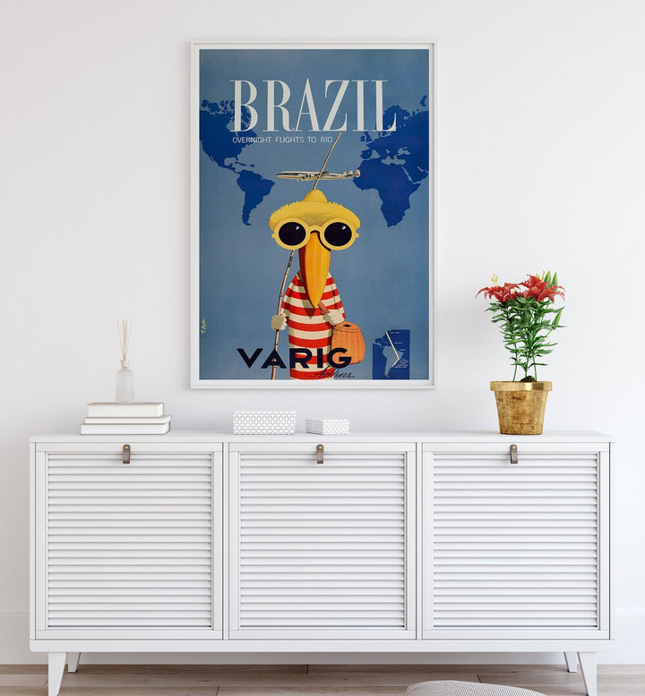 Colorful BRAZIL I, VINTAGE TRAVEL POSTERS featuring a whimsical character, perfect for brightening your home decor.