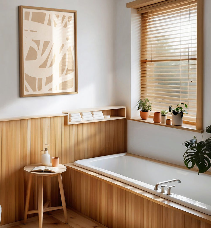Stylish bathroom featuring EXPRESSIVE LINES IV, ABSTRACT PAINTINGS, enhancing the serene décor with artistic flair.