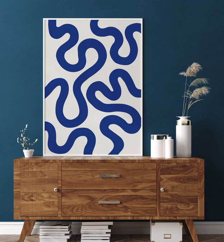 Stunning UNDULATING CURVES IV, ABSTRACT PAINTINGS displayed on a stylish wooden cabinet, enhancing modern home decor.