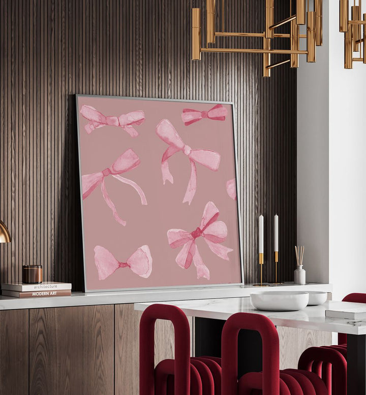 Stylish WATER COLOUR BOW VII, FASHION POSTERS in a modern setting, perfect for art enthusiasts and chic decor.