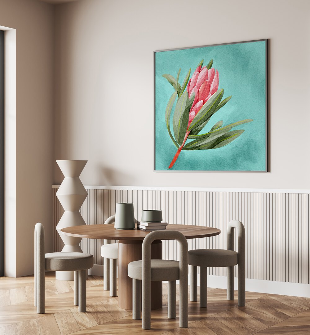 Elegant PROTEA, FLORAL FLOWER PAINTINGS adorn a modern dining space, showcasing vibrant colors and sophistication.