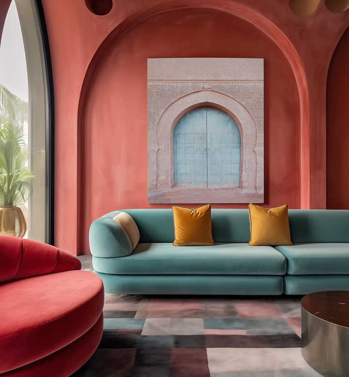 Vibrant TURQUOISE DOOR , INDIAN ART PAINTINGS adding style to a modern living space with elegant furnishings.