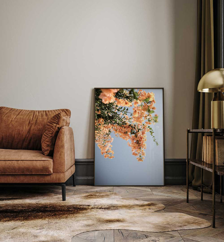 Framed GOLDEN BLOSSOM DANCE , FLORAL FLOWER PAINTINGS featuring cascading peach blossoms leaning against wall in home