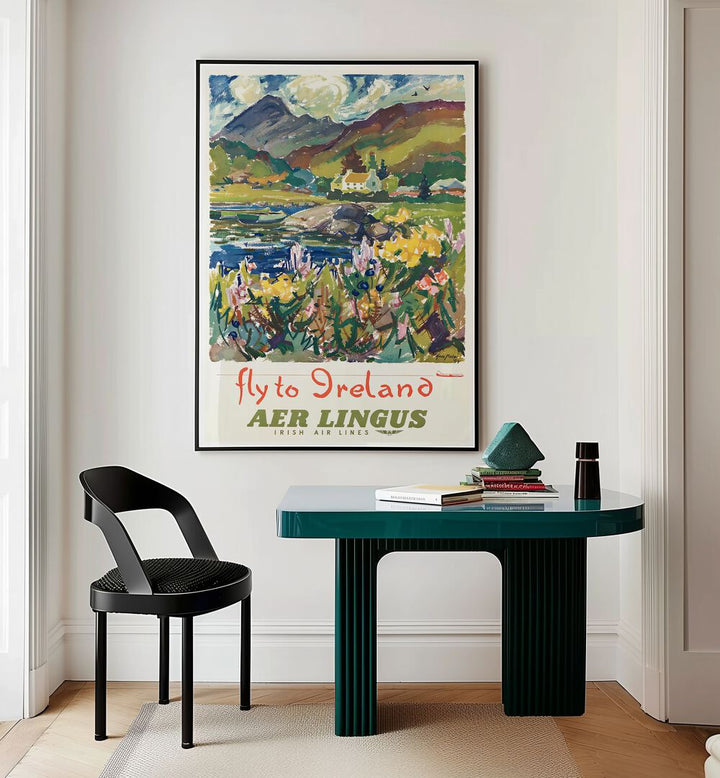 FLY TO IRELAND, VINTAGE TRAVEL POSTERS featuring lush landscapes and iconic castles, perfect for home decor.