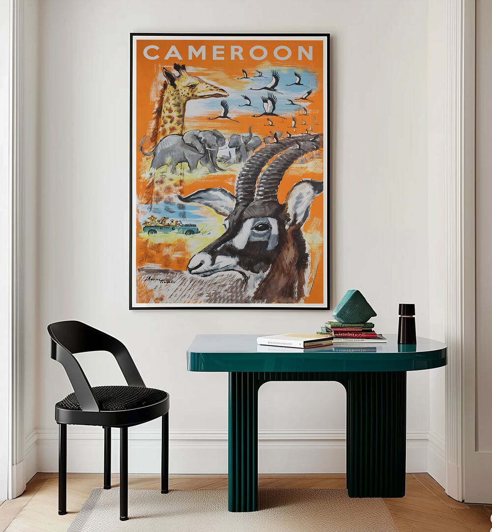 Colorful CAMEROON, VINTAGE TRAVEL POSTERS showcasing wildlife and landscapes, perfect for home décor.