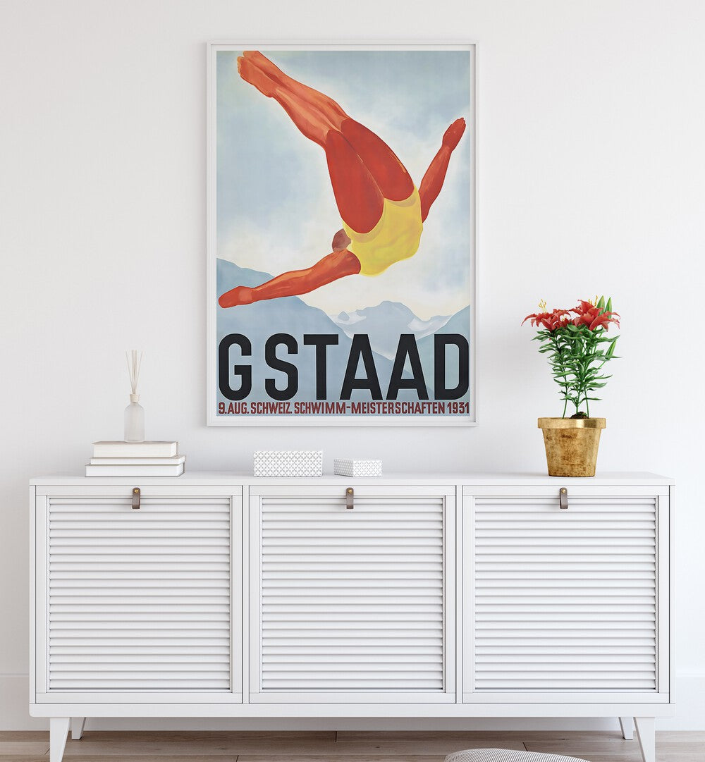 GSTAAD I, VINTAGE TRAVEL POSTERS adorns a modern home, capturing nostalgia and Gstaad's timeless charm.