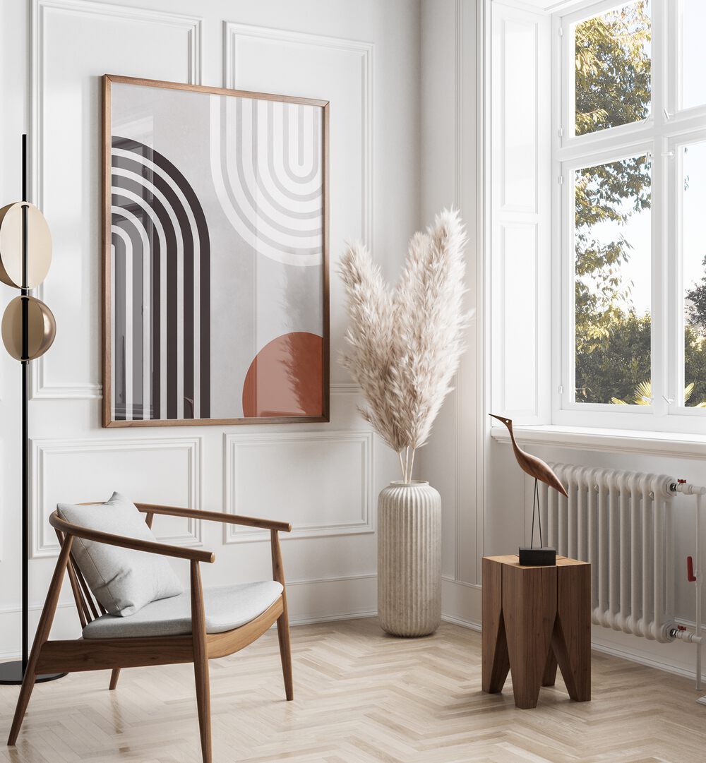 Stylish LINES AND CIRCLES XIV, BOHO ART PAINTINGS adorn a modern room, enhancing creativity and design aesthetics.