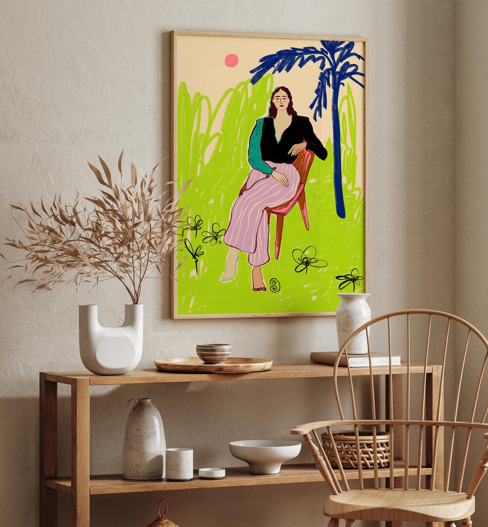 Bright and colorful art print featuring a relaxed woman, vibrant and perfect for adding joy to any space.